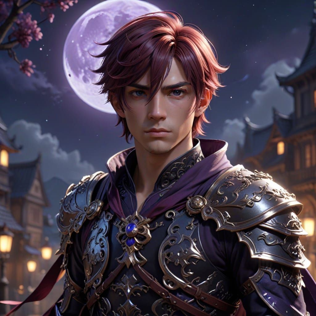 Heroic Genshin Impact Character in Moonlit Cityscape