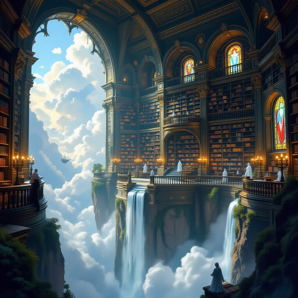 Fantasy Library on Floating Island with Spectral Librarians