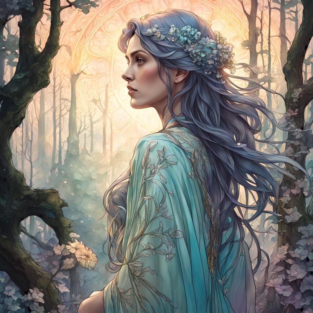 Ethereal Woman in Bioluminescent Forest, Artgerm Style