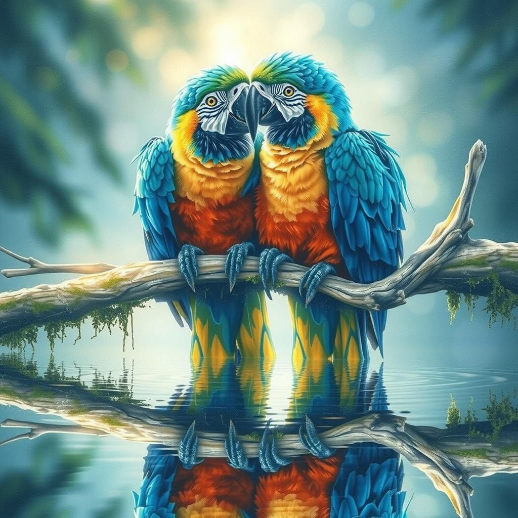 Loving Macaws Exchanging Kisses in Photorealistic Watercolor