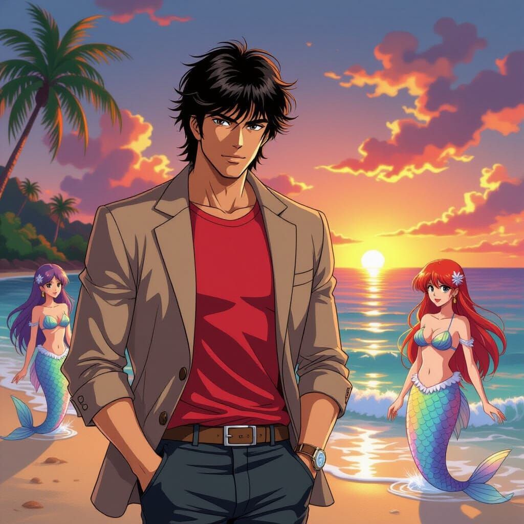 Ryo Saeba Meets Mermaids on Tropical Island at Sunset