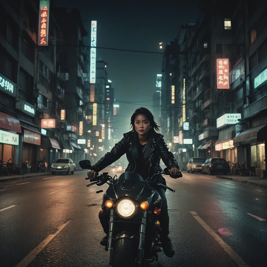 Woman on Motorcycle in City at Night: Cinematic Film