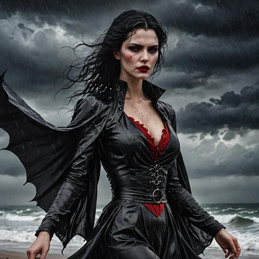 Beautiful Vampire Overlooking Stormy Beach in Dark Fantasy S...