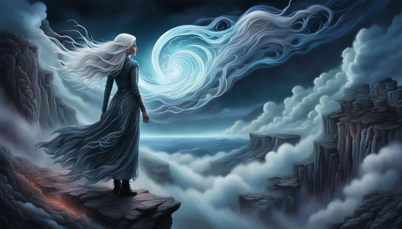 Banshee on Cliff Edge in Surreal Astral Illustration