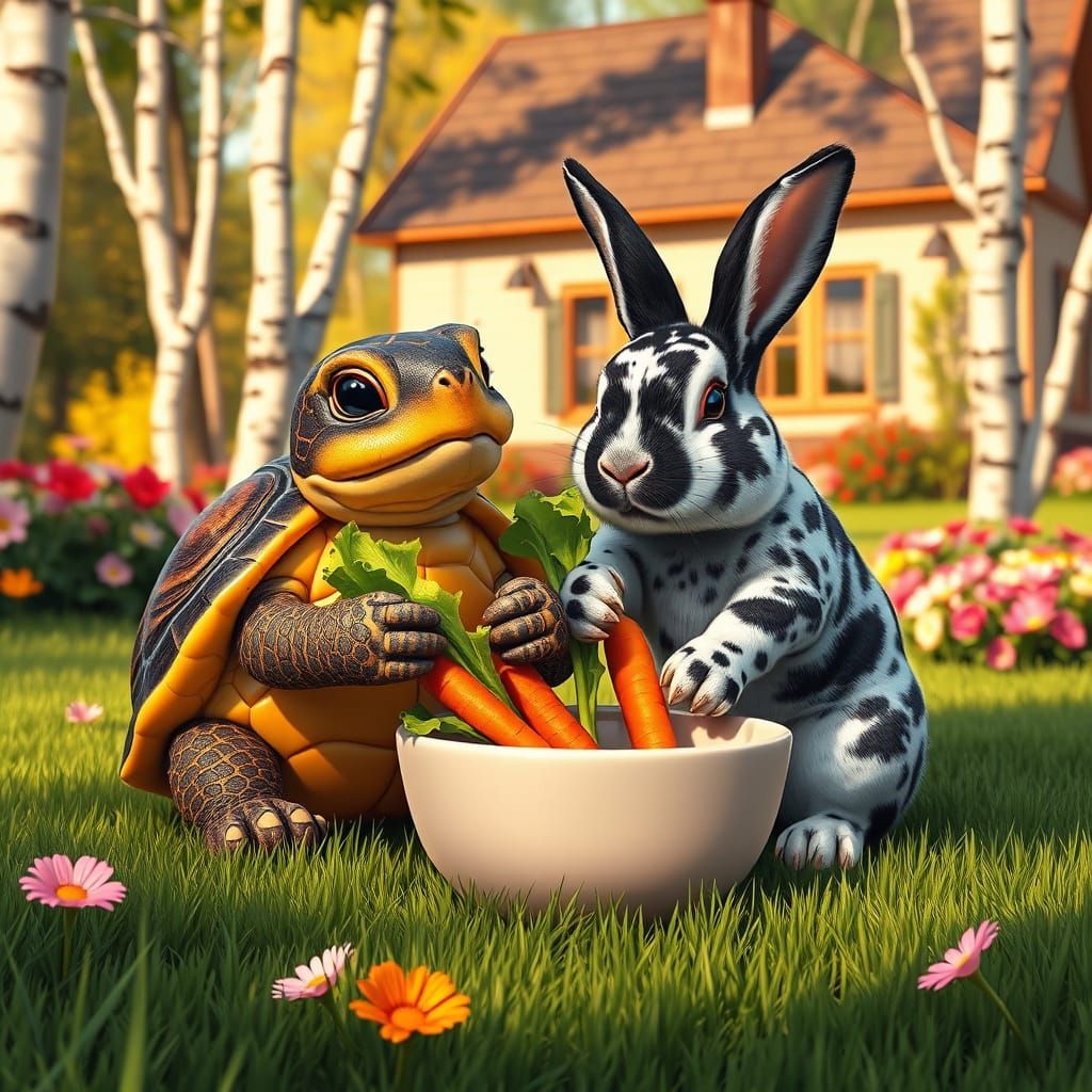 Cute Turtle and Rabbit Enjoy Friendship Over Fresh Greens
