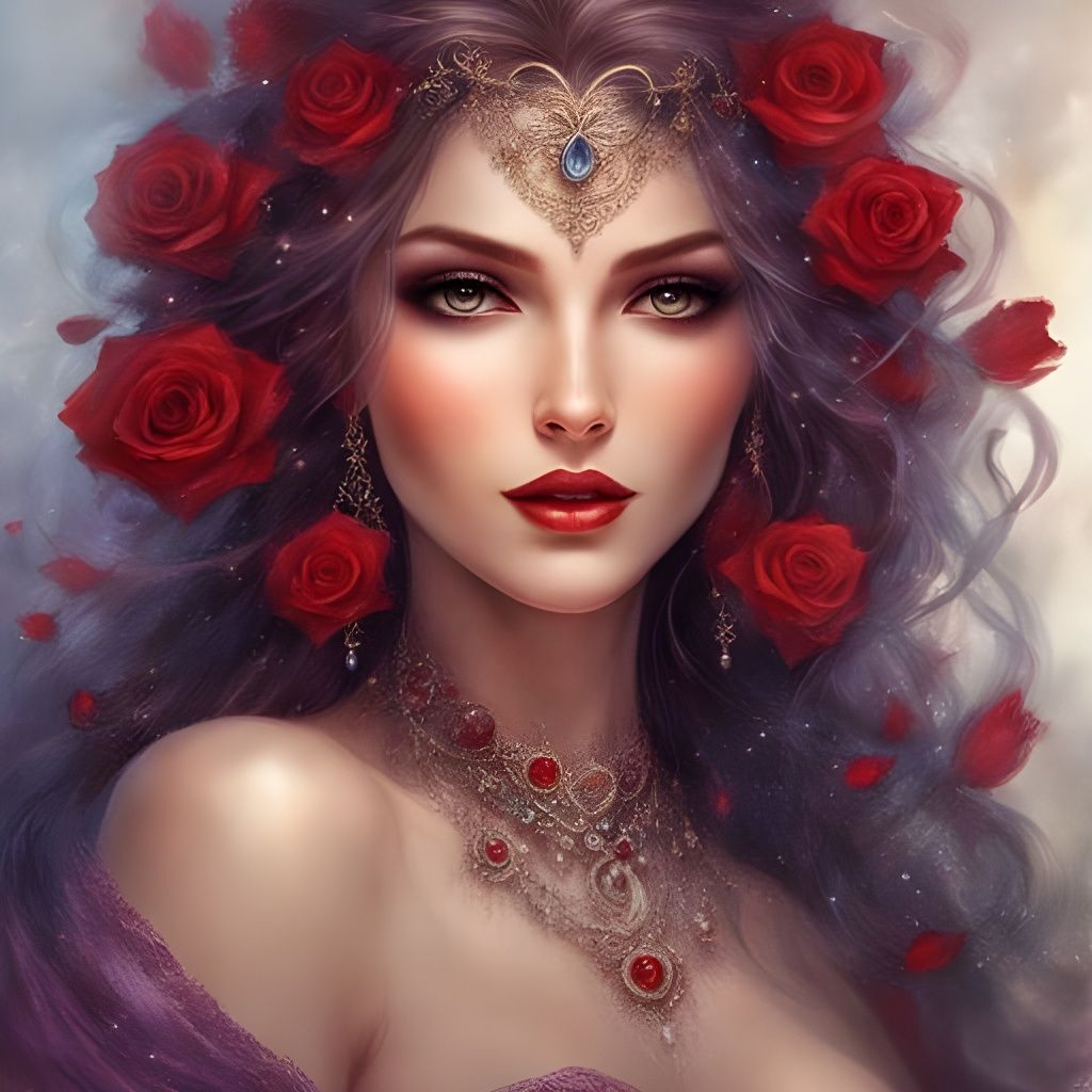 Gothic Italian Girl Portrait with Roses and Pearls