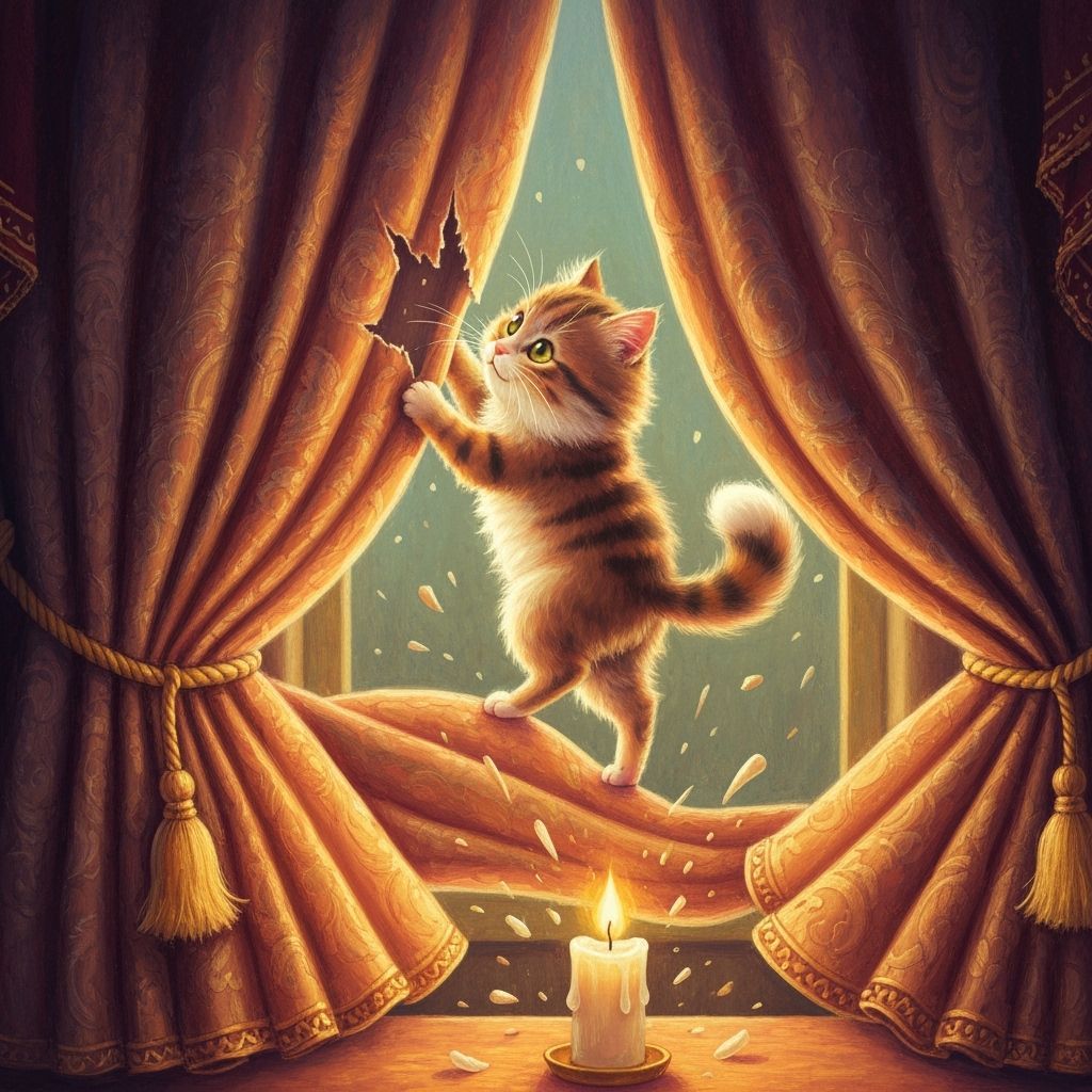 Fluffy Cat's Curtain Chaos in Dramatic Lighting