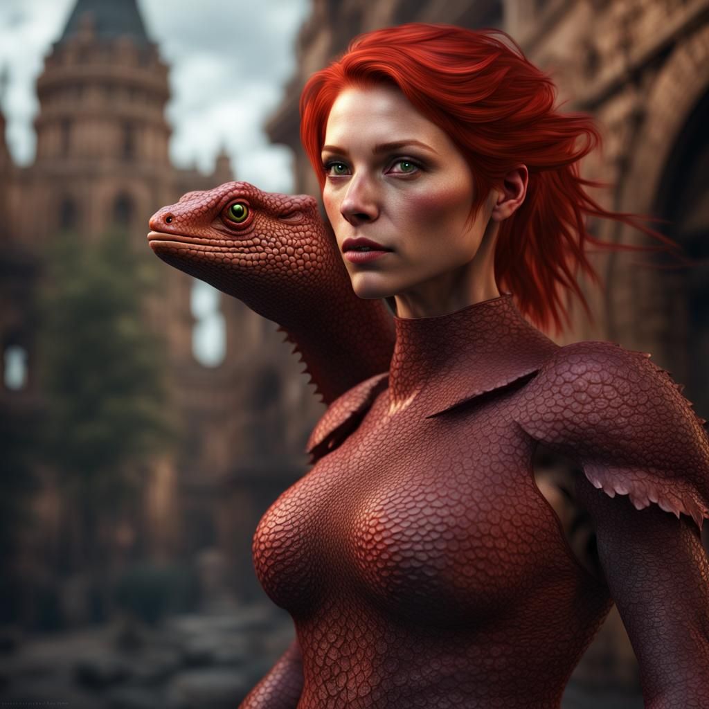 Hyperrealistic Red-Haired Lizard Woman in Detailed Digital A...