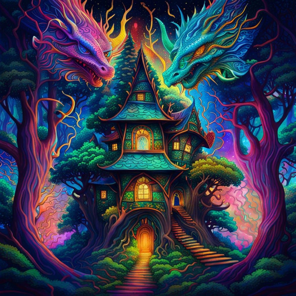 Dragon House in Forest, Psychedelic Cosmic Art