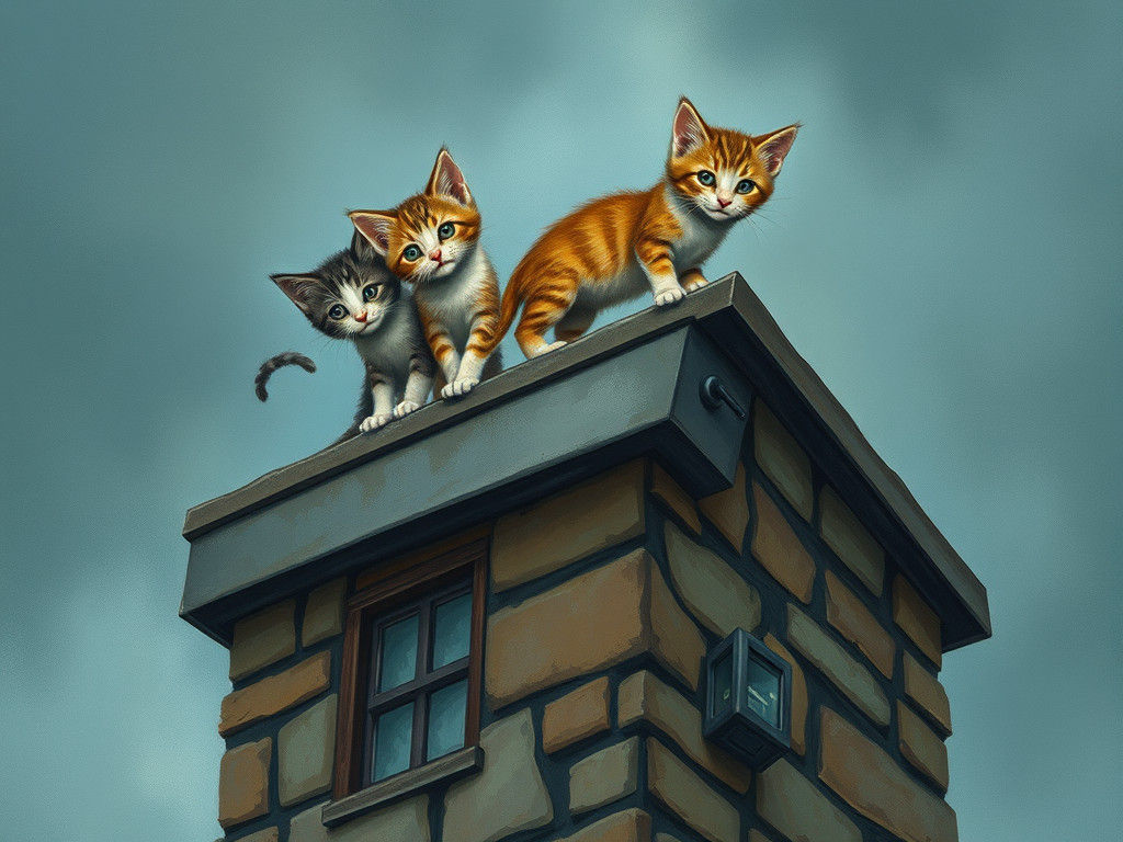 Kittens Conquer Skyscraper Roof: Detailed Illustration