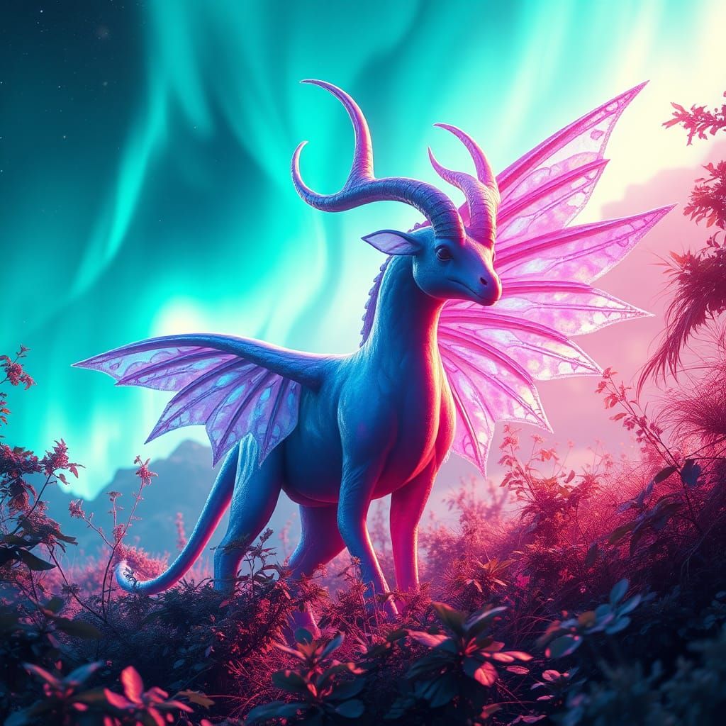 Iridescent Creature in Ethereal Landscape, Digital Art