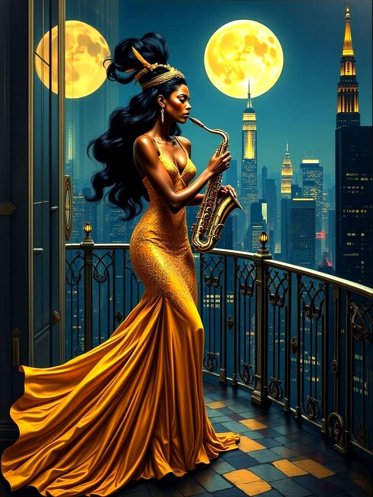 Art Deco Woman with Saxophone on Balcony