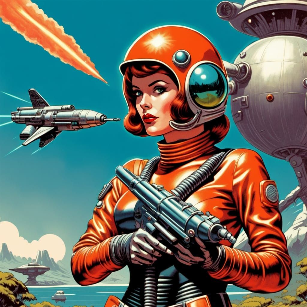 Female Astronaut Exploring Jungle Planet in Retro Comic Styl...
