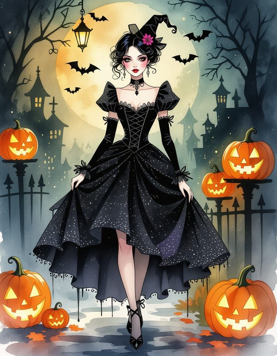 Sparkling Gothic Black Dress with Halloween Charm