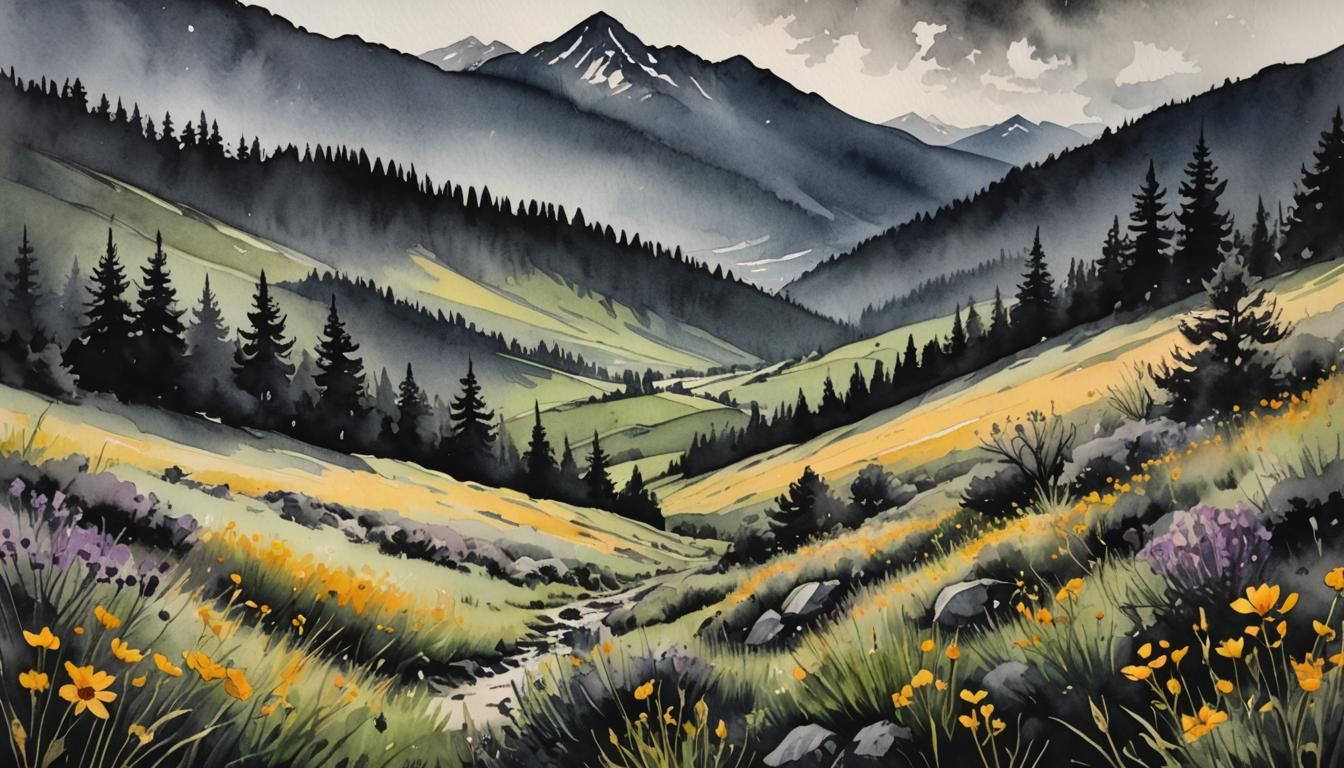 Sunny Mountain Meadow in Watercolour Style