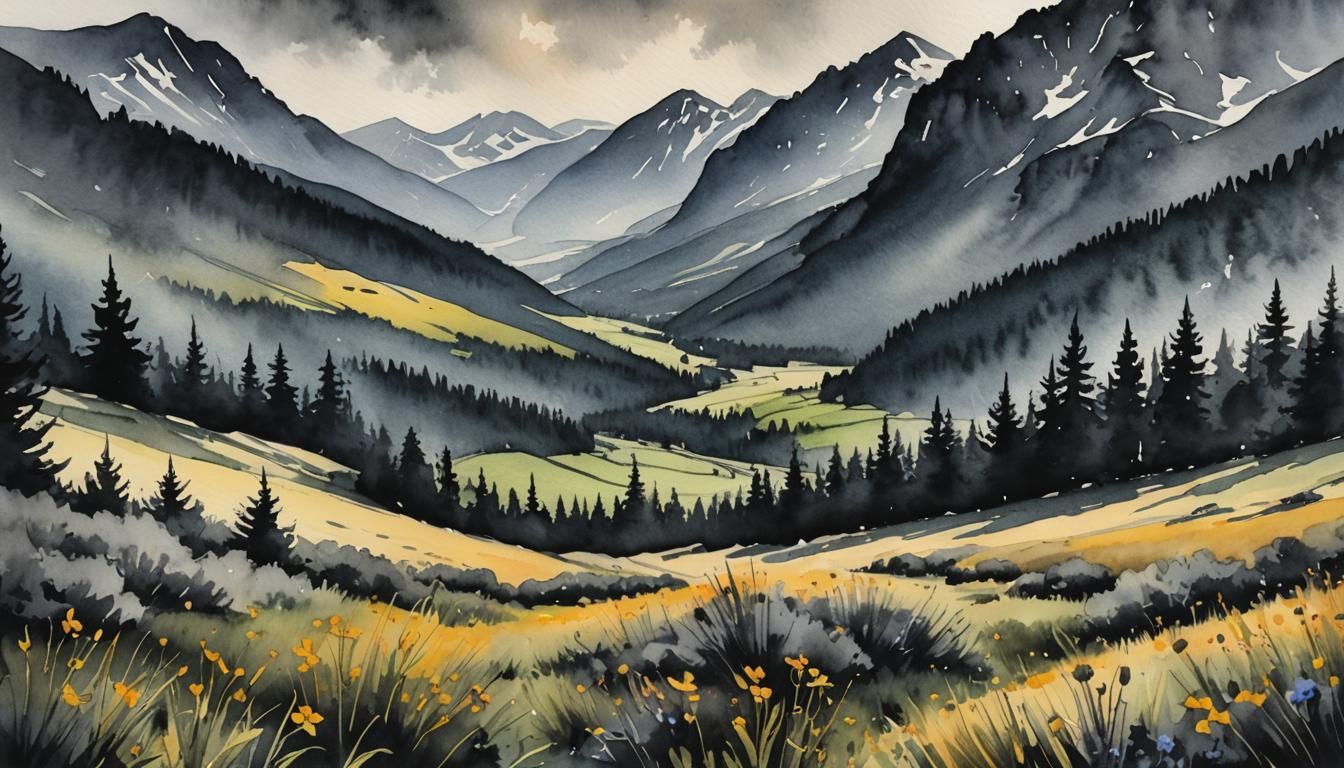 Sunny Mountain Meadow Charcoal Watercolour Painting