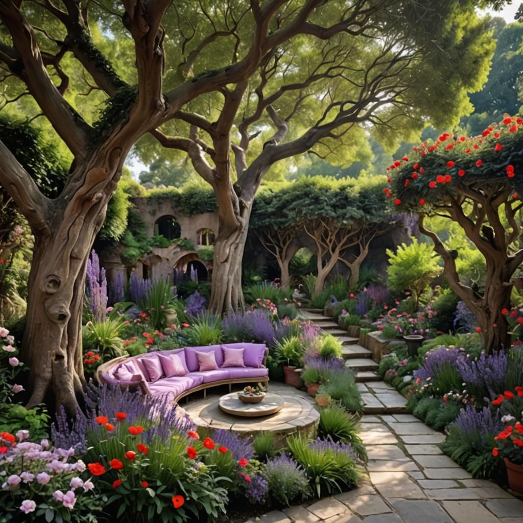 Lush Garden Terrace Carved into a Colossal Tree