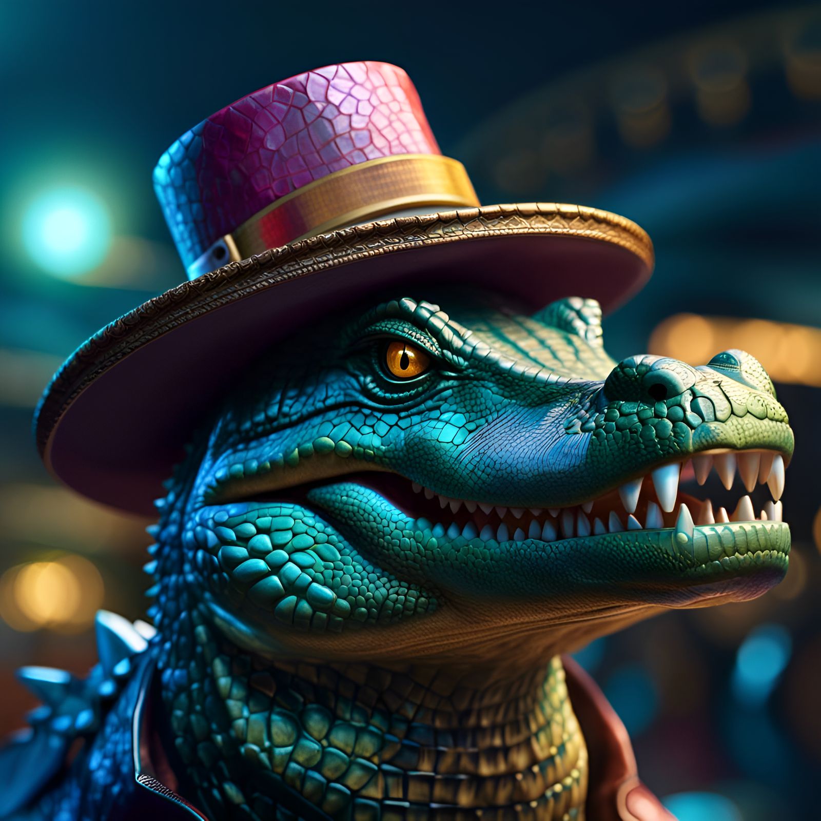 Sci-Fi Crocodile with Hat in Cel-Shaded Style