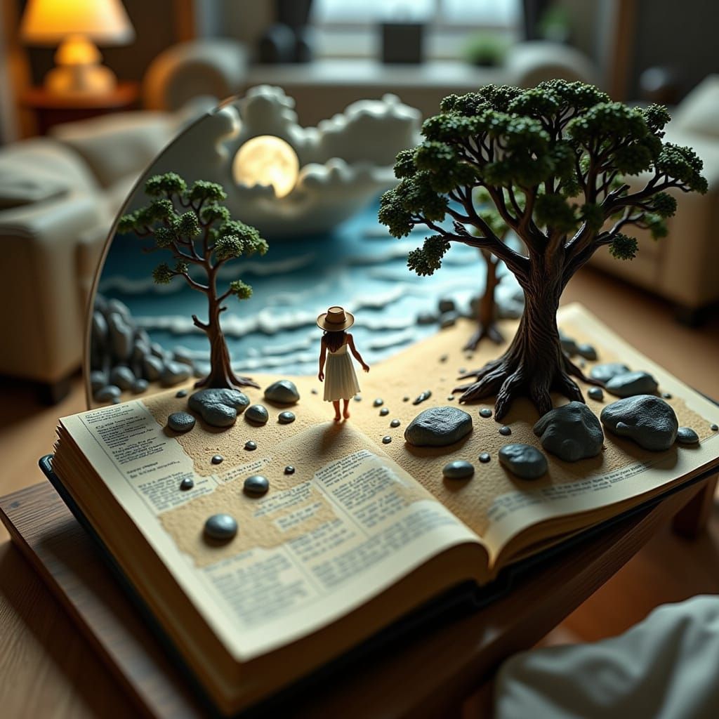 Create an image of a photorealistic, ultra-detailed top-down close-up of a 3D diorama embedded in an open sketchbook lyi...