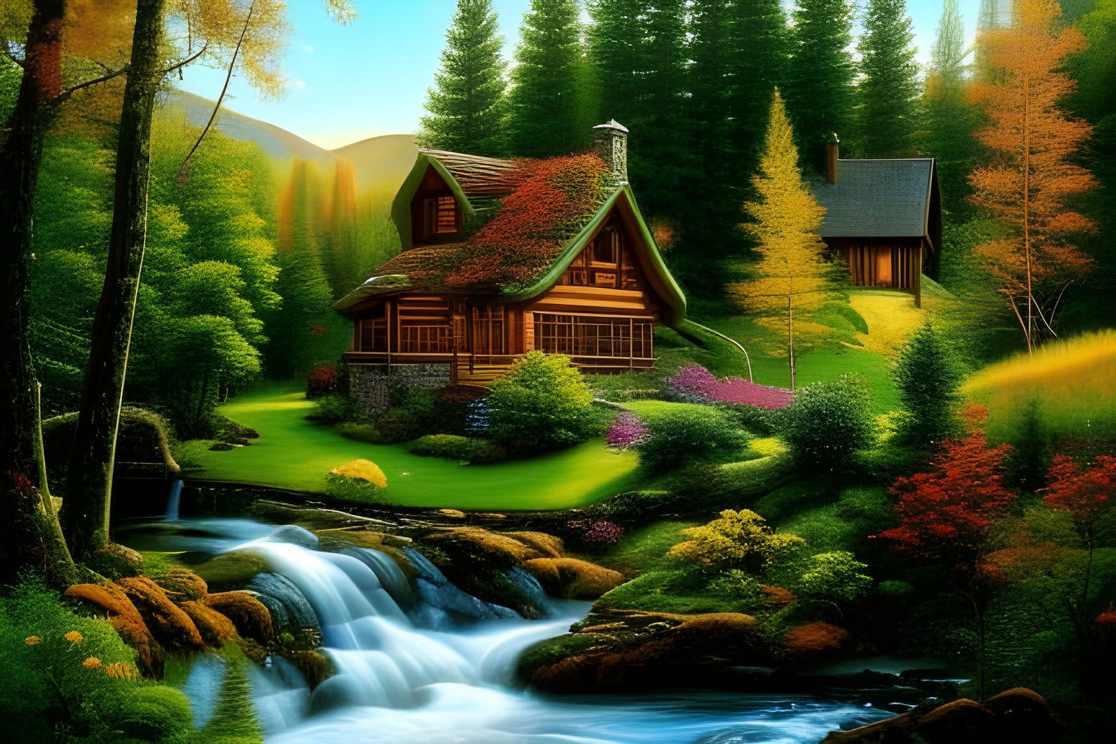 * A painting of a cozy log cabin in mountain forest. with waterfalls at the golden hour - 1901