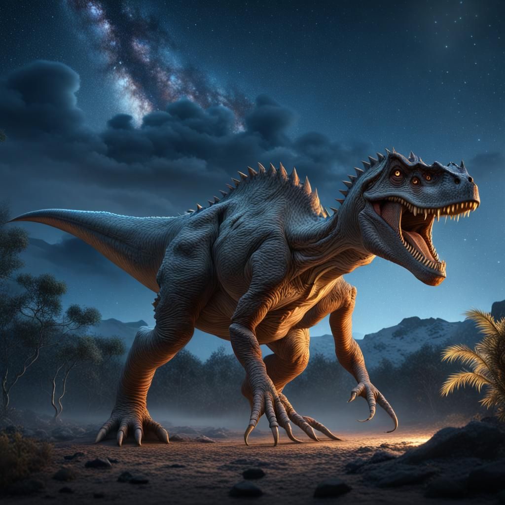 Gigantosaurus Under Starry Sky: Detailed Matte Painting