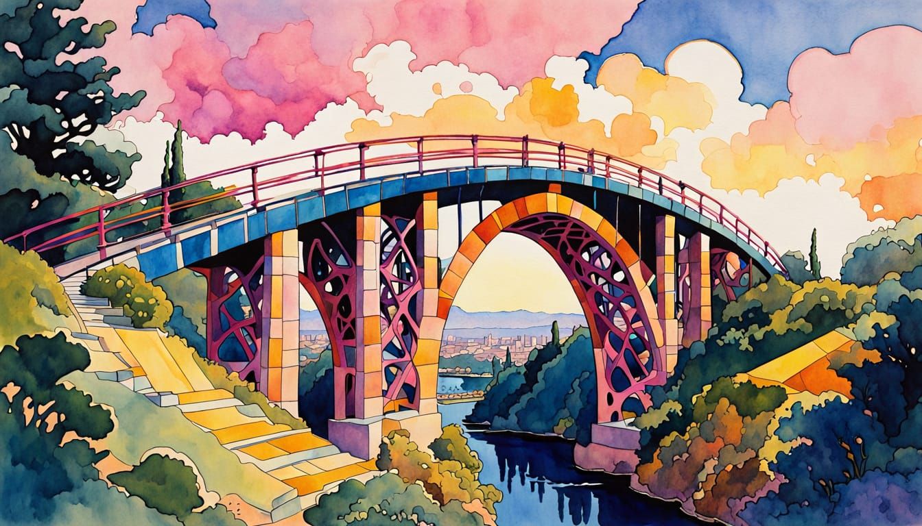 Whimsical Bridge Design in Mixed Artistic Styles