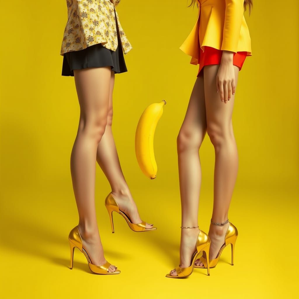 Two Women Sharing a Banana in Dreamlike Art Style