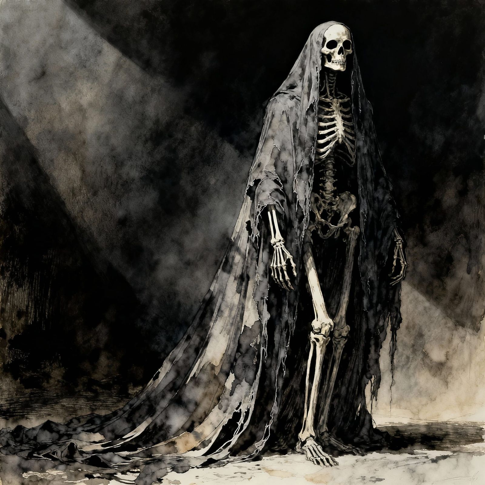 Skeletal Figure in Tattered Veil: Gothic Horror Art