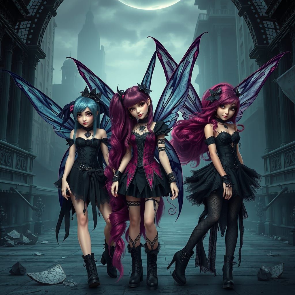 Gothic Winx Fairies in Dystopian Cityscape