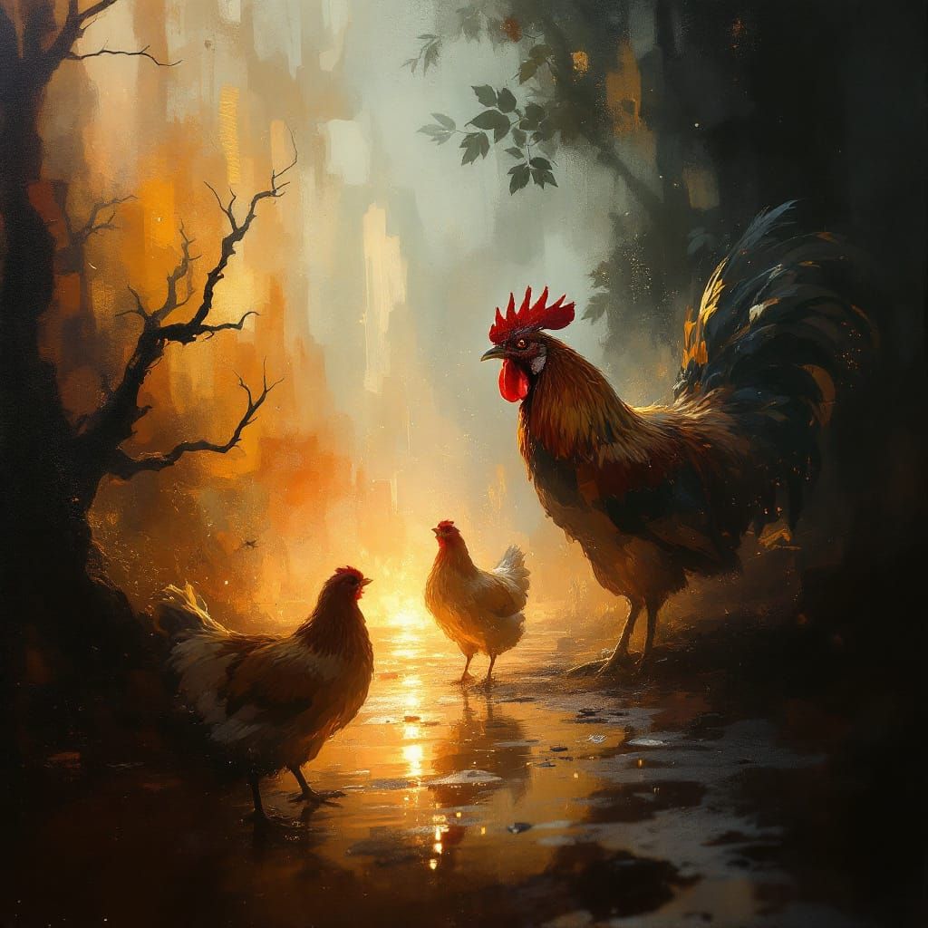 Luminous Twilight Scene with Roosters and Chickens