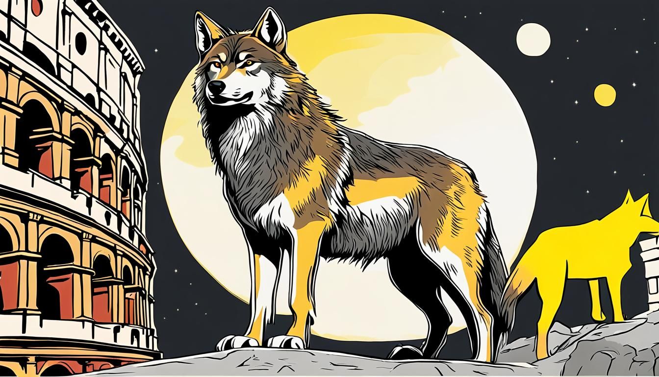Wolf Howling at the Colosseum in Comic Style
