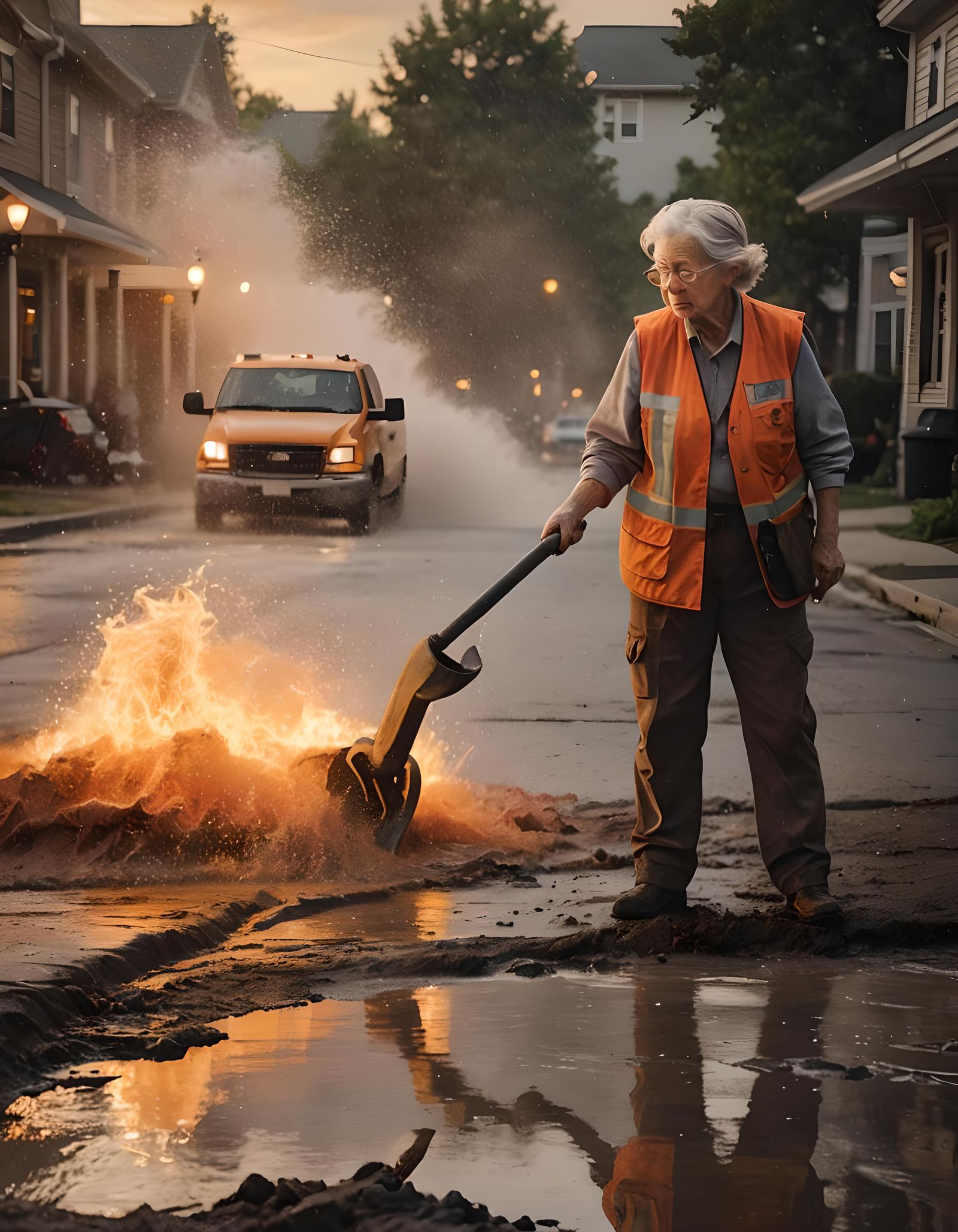 Chaotic Street Scene with Flooding and Construction