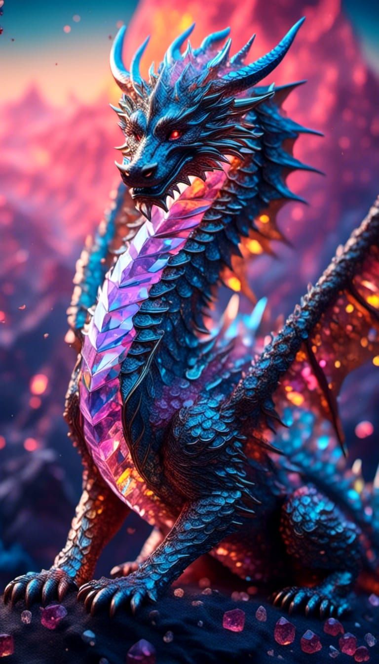 Prismatic Crystal Dragon Surrounded by Geodes