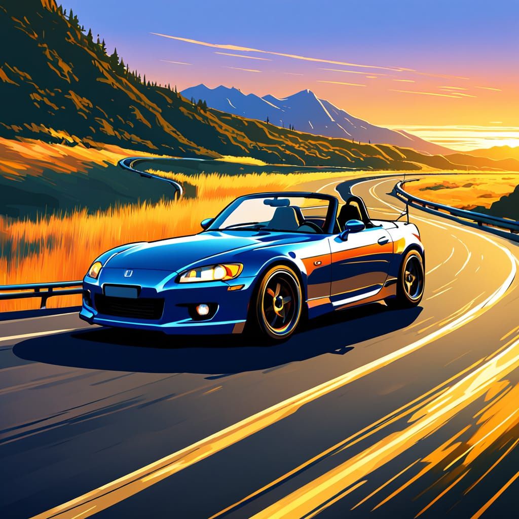 Honda S2000 Drives Winding Road in Golden Hour