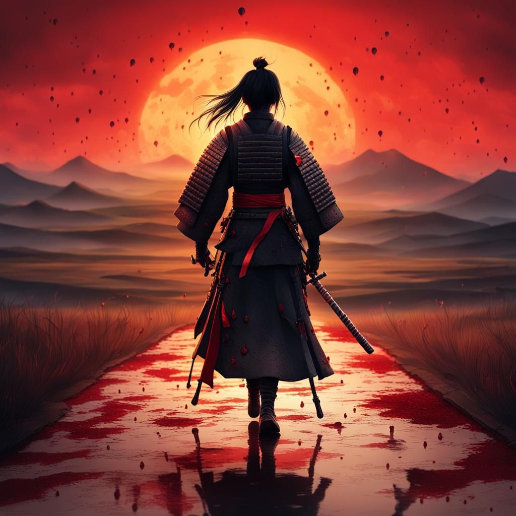 Wounded Samurai Girl Walks Towards Horizon at Sunset