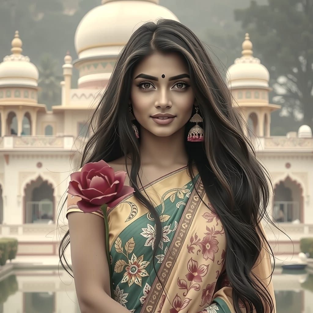 Indian Maiden Holding Flowers in Traditional Garb