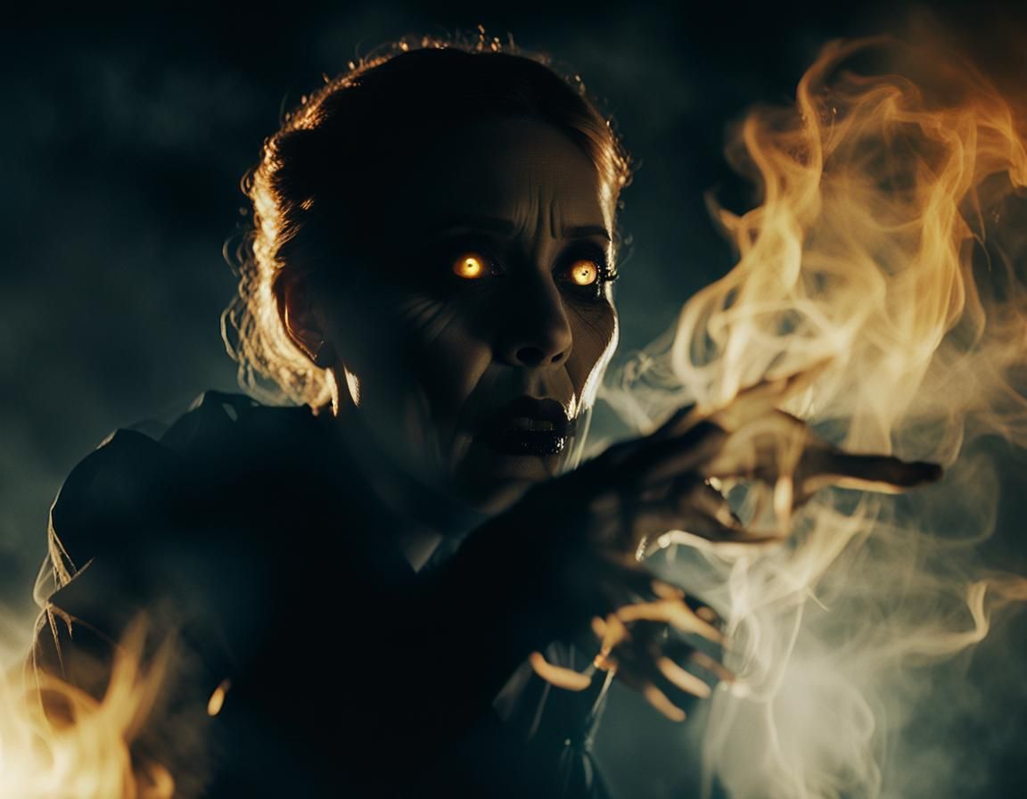 Terrifying Witch Transformation in Cinematic Film Still