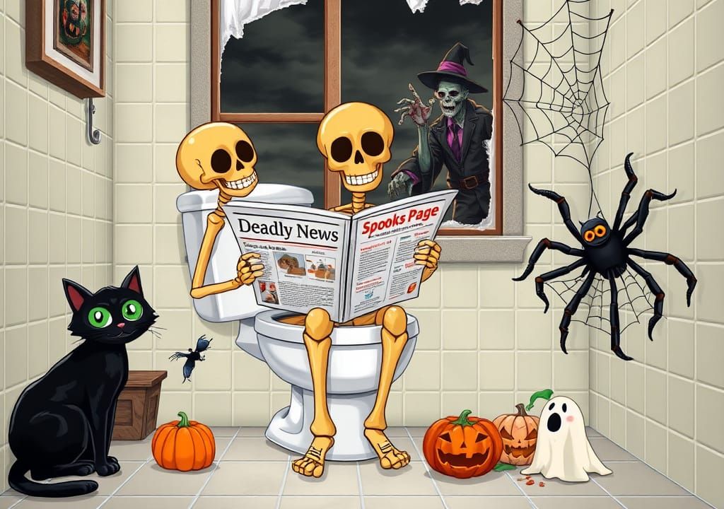 Whimsical Halloween Bathroom Scene with Cartoon Skeleton