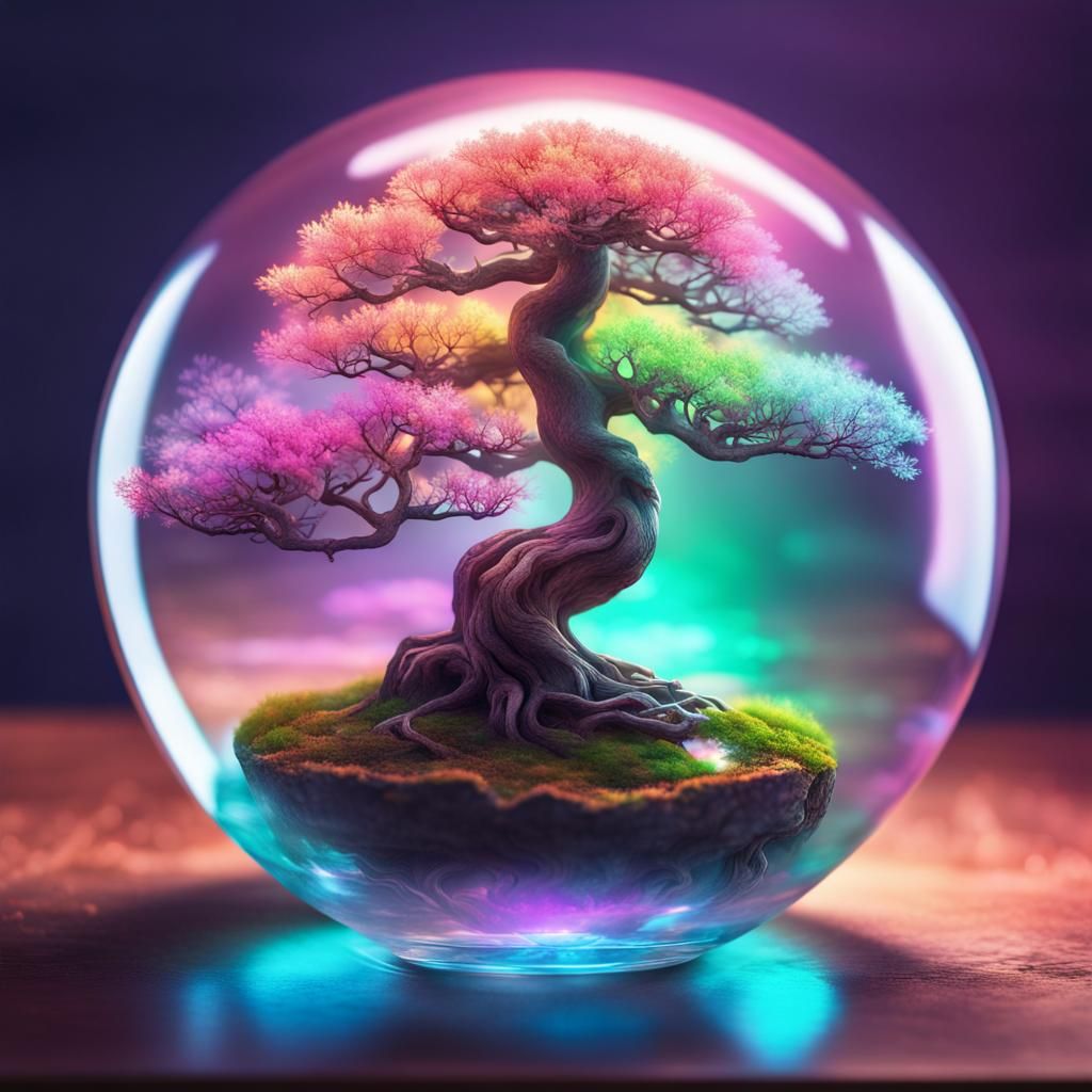 Bonsai Tree in Crystal Ball with Neon Lighting