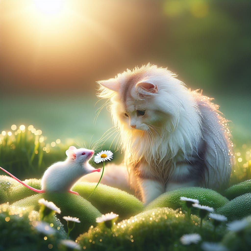 Cat Receives Daisy from Mouse in Sunny Meadow