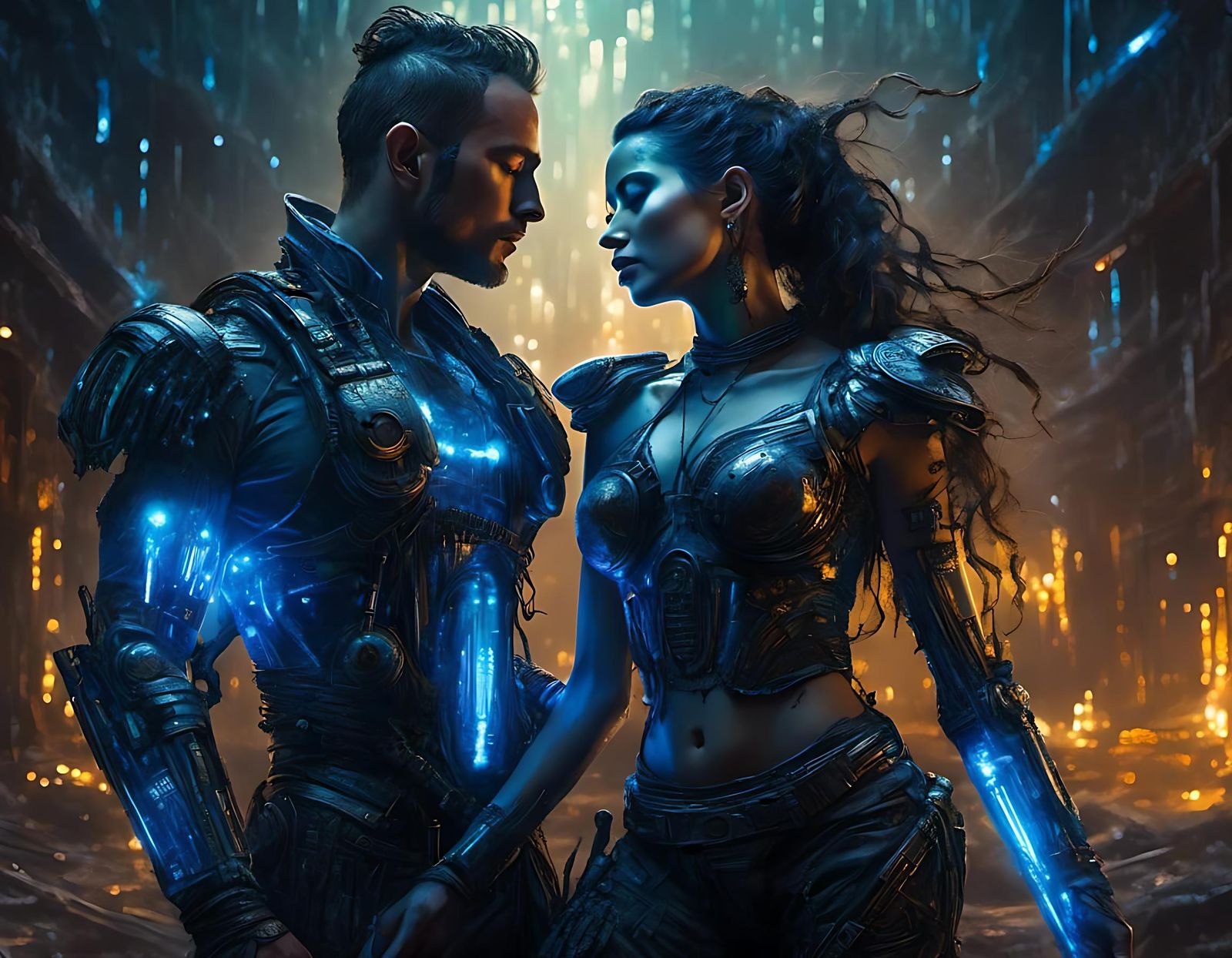 Futuristic Cyborg Embrace in Dystopian Cityscape