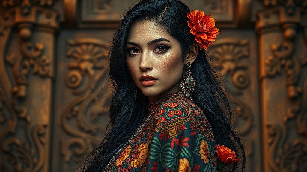 Latina Woman in Ornate Attire, Fantastical Realism