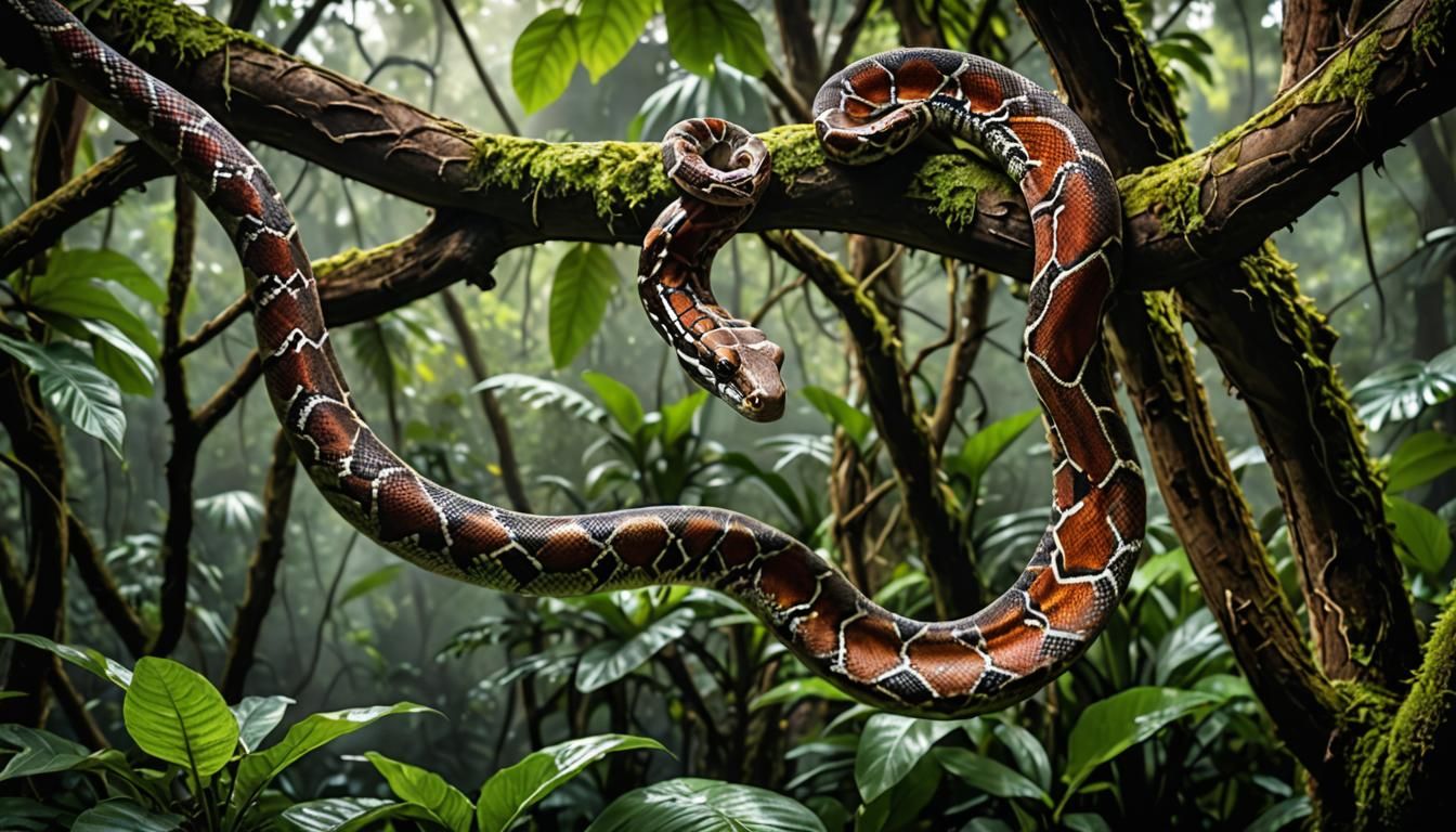 Rainbow Boa Constrictor in Rainforest, Hyperrealistic Detail