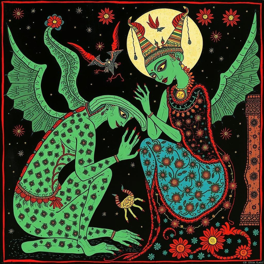 Madhubani Painting of Demons in Harry Clarke Style