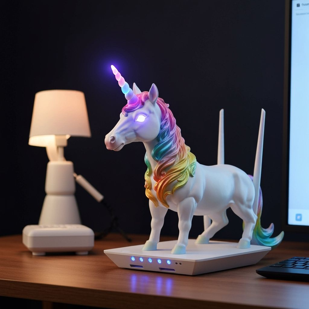 Rainbow Unicorn WiFi Router Statue with Glowing Horn