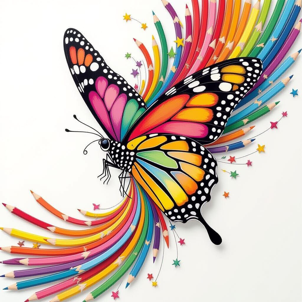 Vivid Butterfly Emerges From Colored Pencils and Line Drawin...