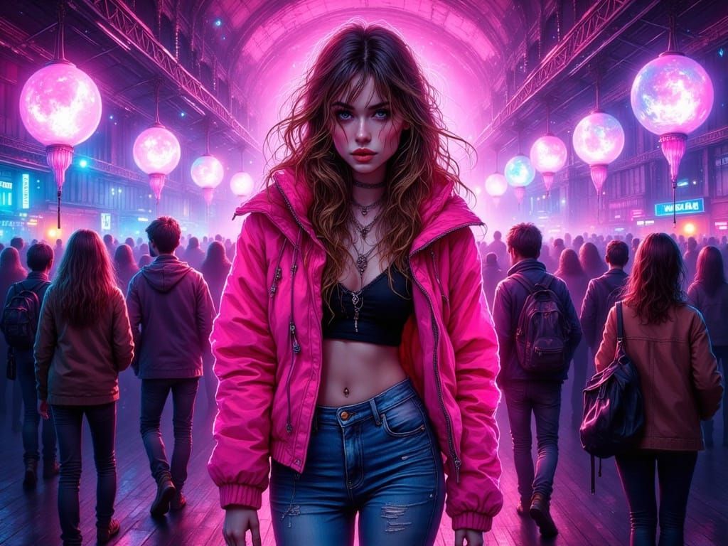 Girl at Prague Rave in Digital Illustration Style