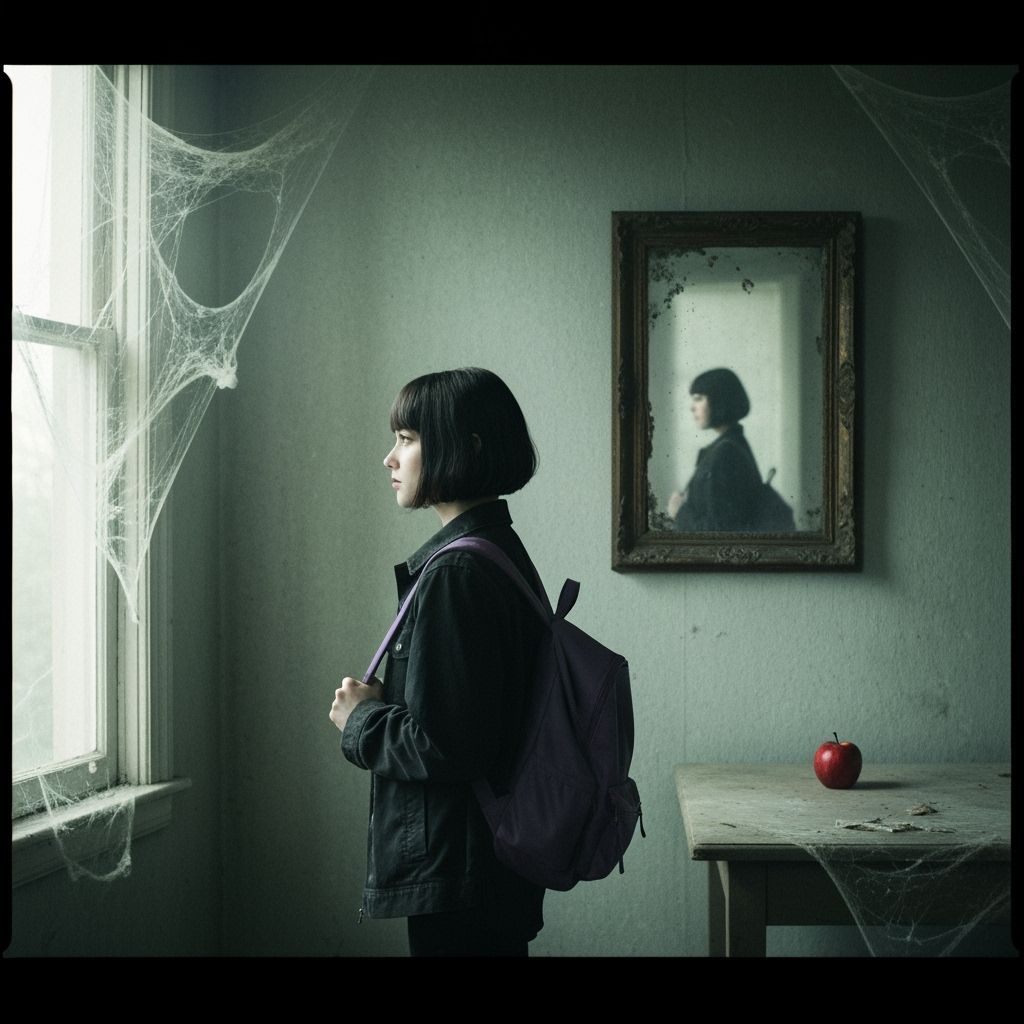 Woman in Abandoned House with Purple Backpack