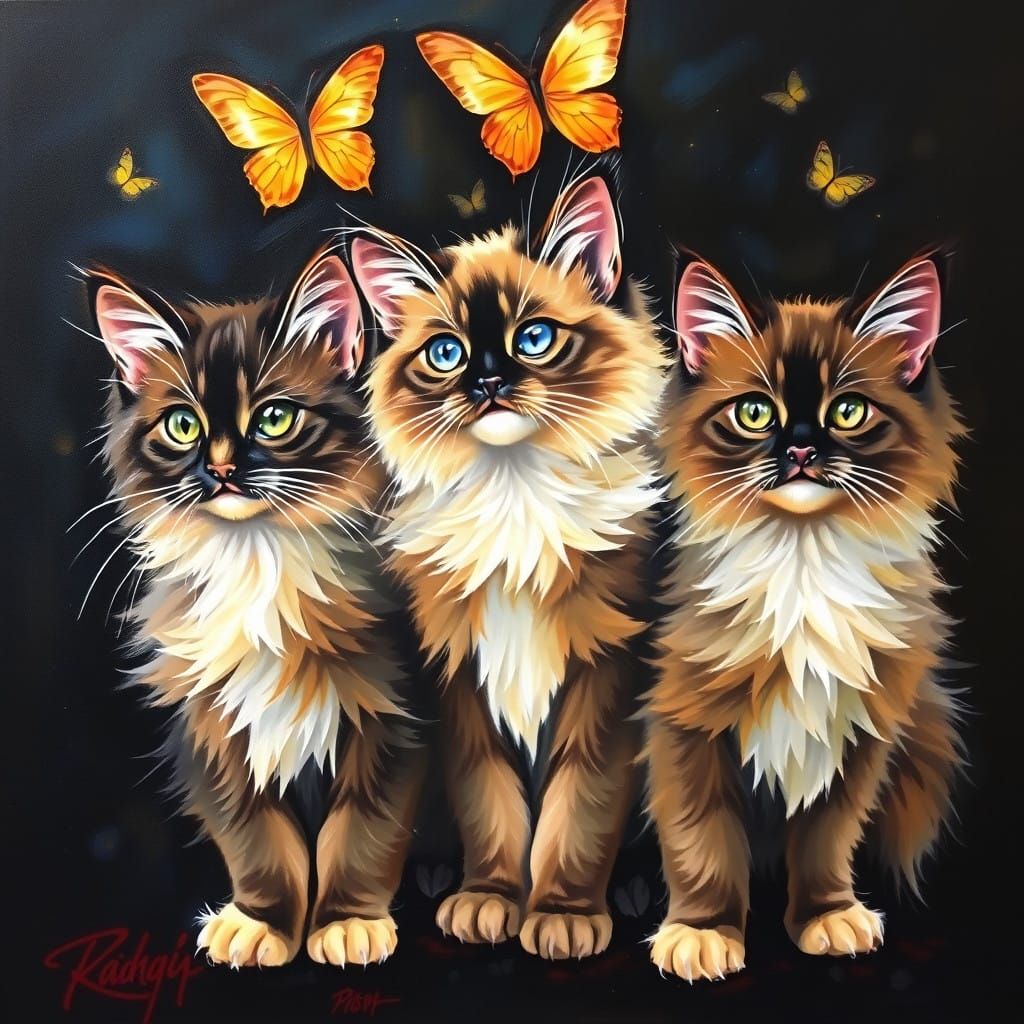 impasto oil painting of 3 ragdoll cats on a black background...