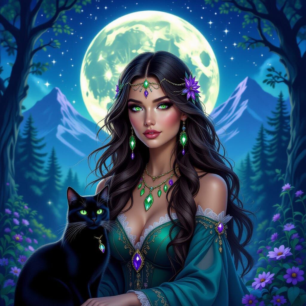 Moon Goddess Witch and Black Cat in Enchanted Forest
